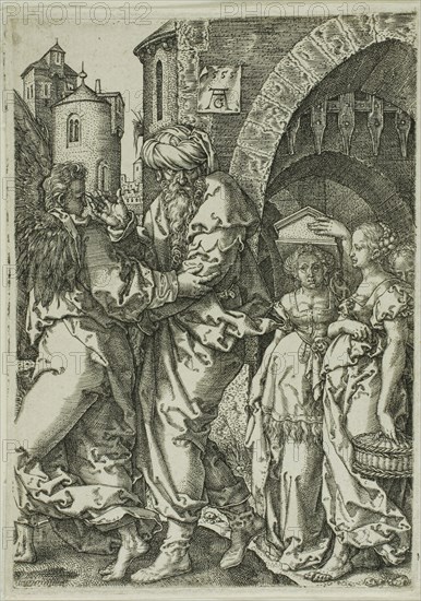 Lot and His Family Fleeing from Sodom, from The Story of Lot, 1555, Heinrich Aldegrever, German, 1502-c.1560, Germany, Engraving in black on ivory laid paper, 115 x 80 mm (plate), 124 x 80 mm (sheet)