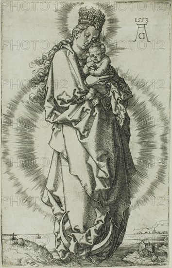 The Virgin and Child on a Crescent Moon, 1553, Heinrich Aldegrever, German, 1502-c.1560, Germany, Engraving in black on ivory laid paper, 117 x 75 mm (image/plate/sheet)