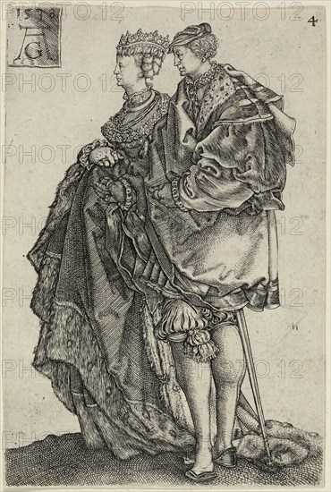 Dancing Couple, plate four from The Large Wedding-Dancers, 1538, Heinrich Aldegrever, German, 1502-c.1560, Germany, Engraving in black on ivory laid paper, 117 x 78 mm (image/plate/sheet)