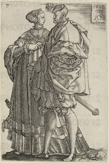 Dancing Couple, plate seven from The Large Wedding-Dancers, 1538, Heinrich Aldegrever, German, 1502-c.1560, Germany, Engraving in black on ivory laid paper, 117 x 78 mm (image/plate/image)