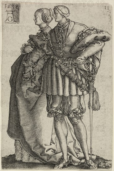 Dancing Couple, plate eleven from The Large Wedding-Dancers, 1538, Heinrich Aldegrever, German, 1502-c.1560, Germany, Engraving in black on ivory laid paper, 117 x 78 mm (image/sheet)