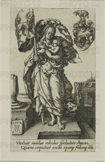 Compassion, from the Virtues, 1552, Heinrich Aldegrever, German, 1502-c.1560, Germany, Engraving in black on ivory laid paper, 104 x 62 mm (image/plate)