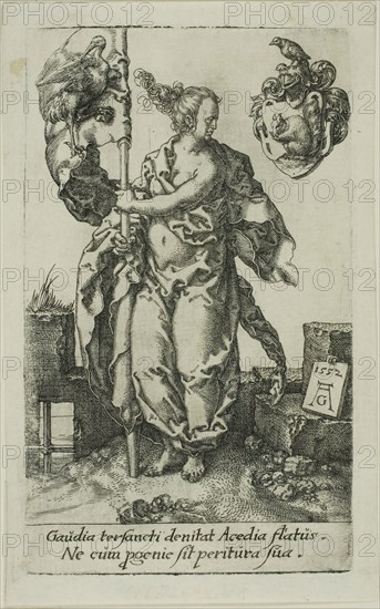Diligence, from the Virtues, 1552, Heinrich Aldegrever, German, 1502-c.1560, Germany, Engraving in black on ivory laid paper, 104 x 62 mm (image/plate)