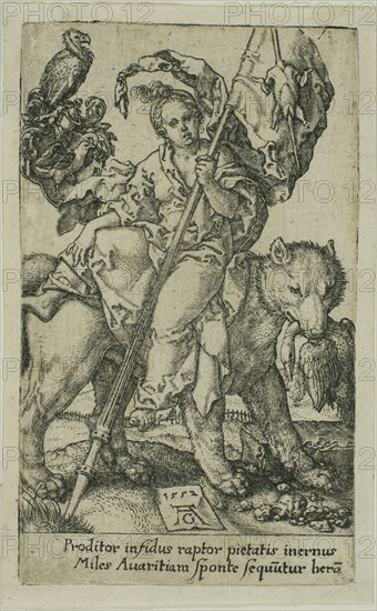 Avarice, from the Vices, 1552, Heinrich Aldegrever, German, 1502-c.1560, Germany, Engraving in black on ivory laid paper, 103 x 62 mm (image/plate)