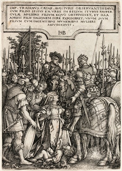 Trajan’s Justice, 1537, Sebald Beham, German, 1500-1550, Germany, Engraving in black on ivory laid paper, 109 x 78 mm (image/sheet, trimmed within plate mark)