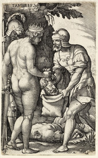 Tamiris, from Greek Heroines, c. 1539, Georg Pencz, German, c. 1500-1550, Germany, Engraving in black on ivory laid paper, 118 x 74 mm (sheet)
