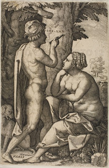 Paris and Oenone, from Greek Heroines, c. 1539, Georg Pencz, German, c. 1500-1550, Germany, Engraving in black on ivory laid paper, 117 x 77 mm (sheet)