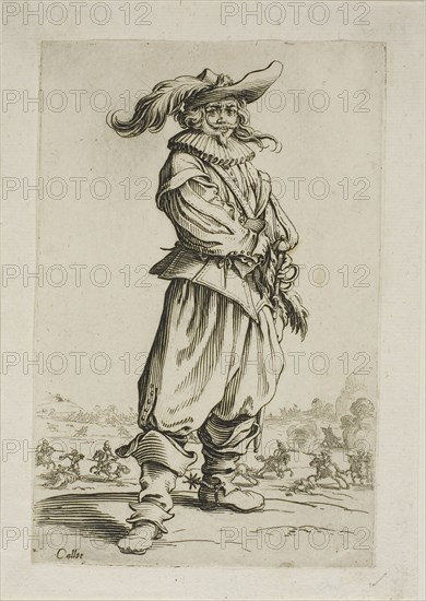 The Soldier with a Plumed Hat, plate three from La Noblesse, c. 1625, Jacques Callot, French, 1592-1635, France, Etching on paper, 143 × 94 mm (image), 163 × 115 mm (sheet)