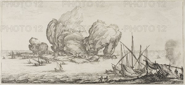 The Naval Battle, from Various Scenes Designed in Florence, 1618–20, Jacques Callot, French, 1592-1635, France, Etching on paper, 110 × 245 mm (image), Handkerchief, 19th century, France, Alsace, France, Cotton, 125.8 × 138.5 (49 1/2 × 54 1/2 in.)