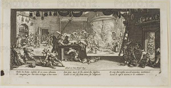 Plundering a Large Farmhouse, plate five from The Large Miseries of War, n.d., Gerrit Lucasz van Schagen (Dutch, born 1642), after Jacques Callot (French, 1592-1635), Netherlands, Etching on paper, 74 x 179 mm (image), 86 x 183 mm (plate), 99 x 197 mm (sheet)