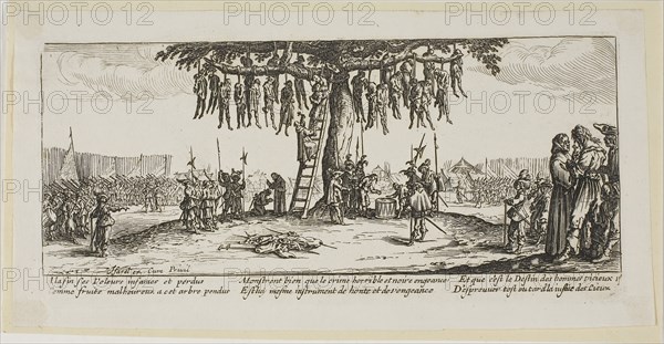 The Hanging, plate eleven from The Large Miseries of War, n.d., Gerrit Lucasz van Schagen (Dutch, born 1642), after Jacques Callot (French, 1592-1635), Netherlands, Etching on paper, 73 x 180 mm (image), 84 x 182 mm (plate), 99 x 200 mm (sheet)