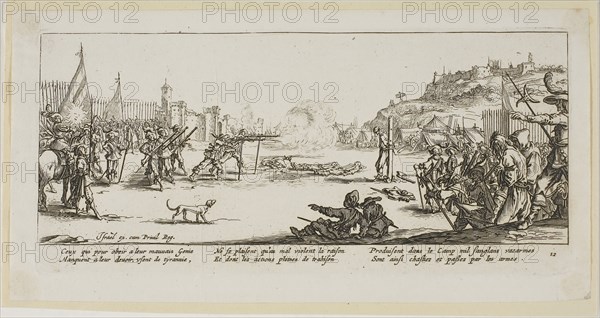 The Firing Squad, plate twelve from The Large Miseries of War, n.d., Gerrit Lucasz van Schagen (Dutch, born 1642), after Jacques Callot (French, 1592-1635), Netherlands, Etching on paper, 72 x 179 mm (image), 83 x 180 mm (plate), 99 x 196 mm (sheet), Panel, c. 1860, England, Cotton, plain weave, printed, acorn tassel fringe, 246.8 × 218.5 cm (97 1/8 × 86 in.)