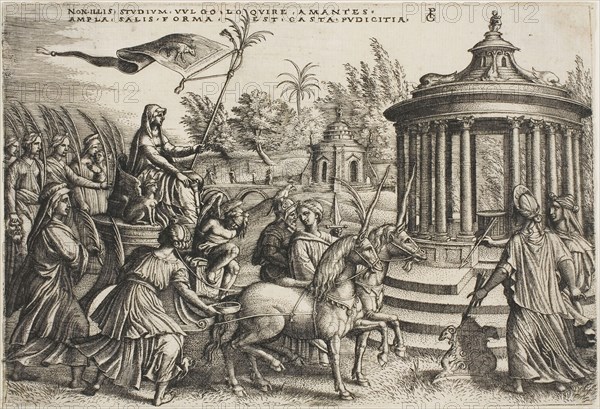 The Triumph of Chastity, plate two from The Triumphs of Petrarch, c. 1539, Georg Pencz, German, c. 1500-1550, Germany, Engraving in black on ivory laid paper, 142 x 210 mm (image/plate/sheet)