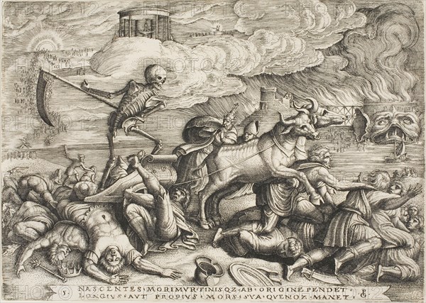 The Triumph of Death, plate five from The Triumphs of Petrarch, c. 1539, Georg Pencz, German, c. 1500-1550, Germany, Engraving in black on ivory laid paper, 150 x 219 mm (sheet)