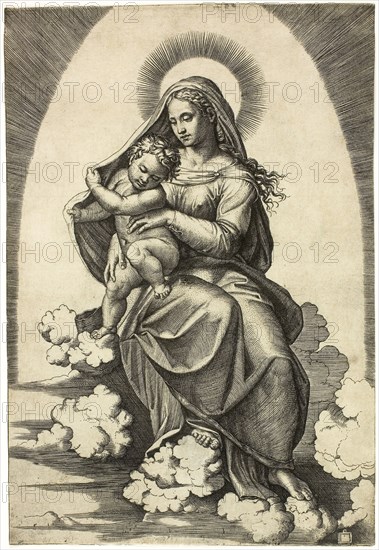 Virgin and Child Seated on Clouds, 1515/16, Marcantonio Raimondi (Italian, c. 1480-1534), after Raffaello Sanzio, called Raphael (Italian, 1483-1520), Italy, Engraving printed in black on cream laid paper, 246 x 167 mm (plate/sheet)