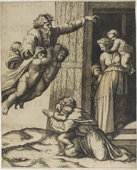 God Commanding Noah to Build the Ark, 1520, Marco Dente da Ravenna (Italian, about 1486–1527), after Raffaello Sanzio, called Raphael (Italian, 1483-1520), Italy, Engraving in black on tan laid paper, 300 x 245 mm