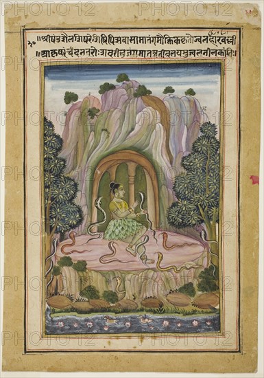 Asavari Ragini: A Female Yogini (Page from a Ragamala Set), mid–to late 17th century, India, Rajasthan, Bundi, India, Opaque watercolor on paper, Image: 20.3 x 13.3 cm (8 x 5 1/4 in.), Outermost Border: 25 x 16.7 cm (9 13/16 x 6 9/16 in.), Paper: 28 x 19.8 cm (11 1/16 x 7 13/16 in.)