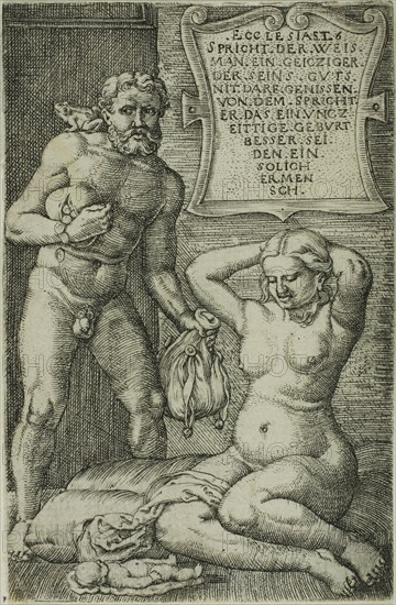 The Miser and the Miscarriage, 1528/30, Barthel Beham, German, 1502-1540, Germany, Engraving in black on ivory laid paper, 79 x 51 mm (image/plate/sheet)