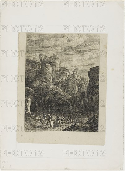 The Ford: Landscape with Horsemen, 1866, Odilon Redon, French, 1840-1916, France, Etching on mounted cream China paper, 175 × 134 mm (image), 238 × 162 mm (plate)