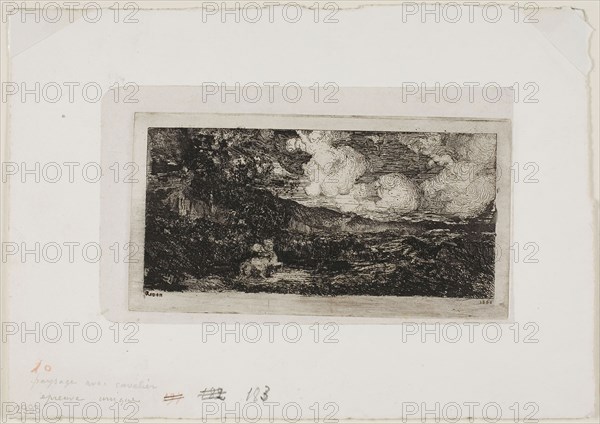 Galloping Horseman, 1866, Odilon Redon, French, 1840-1916, France, Etching on light gray China paper laid down on ivory wove paper, 63 × 135 mm (image), 75 × 147 mm (plate), 160 × 222 mm (sheet)