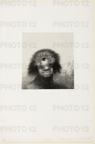 The Misshapen Polyp Floated on the Shores, a Sort of Smiling and Hideous Cyclops, plate 3 of 8 from Les Origines, 1883, Odilon Redon, French, 1840-1916, France, Lithograph in black on light gray China paper, laid down on white wove paper, 213 × 200 mm (image), 212 × 196 mm (chine), 530 × 345 mm (sheet)