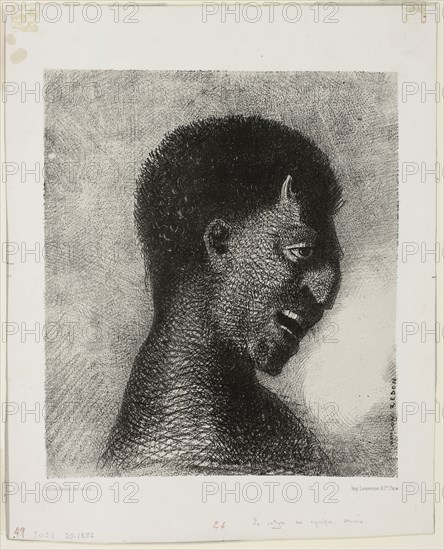 The Satyr with the Cynical Smile, plate 5 of 8 from Les Origines, 1883, Odilon Redon, French, 1840-1916, France, Lithograph in black on light gray China paper, laid down on white wove paper, 242 × 207 mm (image/chine), 309 × 249 mm (sheet)
