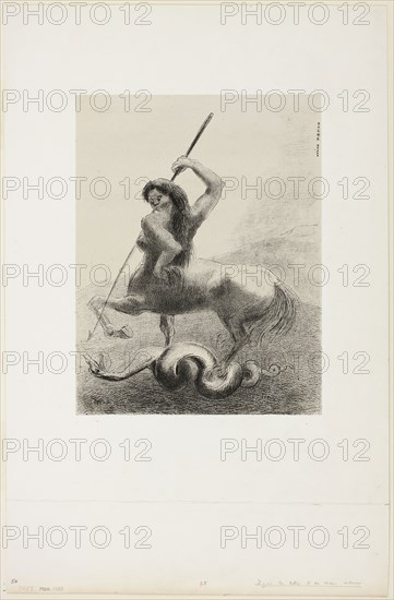 There Were Struggles and Vain Victories, plate 6 of 8 from Les Origines, 1883, Odilon Redon, French, 1840-1916, France, Lithograph in black on light gray China paper, laid down on white wove paper, 291 × 223 mm (image/chine), 533 × 344 mm (sheet)