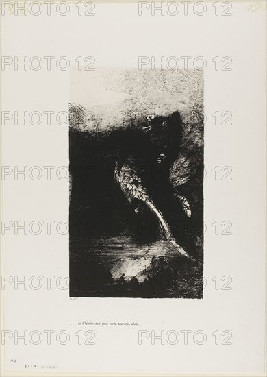 The Chimera with Green eyes Turns, Bays, plate 7 from The Temptation of Saint Anthony (1st series), 1888, Odilon Redon, French, 1840-1916, France, Lithograph in black on ivory China paper laid down on white wove paper, 275 × 160 mm (image/chine), 439 × 310 mm (sheet)