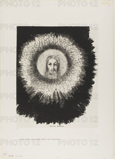 And in the Very Disk of the Sun Lights the Face of Jesus Christ, plate 10 from The Temptation of Saint Anthony (1st series), 1888, Odilon Redon, French, 1840-1916, France, Lithograph in black on ivory China paper, laid down on ivory wove paper (chine collé), 285 × 230 mm (chine), 443 × 316 mm (sheet)