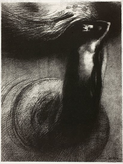 Death: My Irony Surpasses All Others, 1888, Odilon Redon, French, 1840-1916, France, Transfer lithograph in black ink on thin ivory wove paper, laid down on heavyweight ivory wove plate paper (chine collé), 261 × 197 mm (image), 347 × 452 mm (sheet)