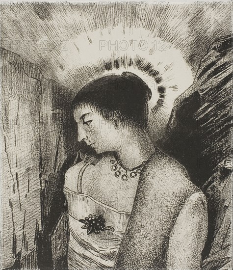 Here is the Good Goddess, the Idaean Mother of the Mountains, plate 15 of 24, 1896, Odilon Redon, French, 1840-1916, France, Lithograph in black on ivory China paper laid down on heavy ivory wove paper, 149 × 130 mm (image/chine), 310 × 224 mm (sheet), 525 × 346 mm (sheet, mounting)