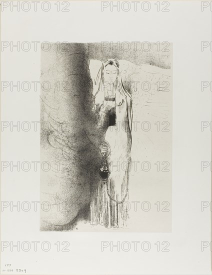 And the Angel Took the Censer, plate 4 of 12, 1899, Odilon Redon, French, 1840-1916, France, Lithograph in black on cream China paper laid down on ivory wove paper, 313 × 248 mm (image/chine), 451 × 349 mm (sheet)