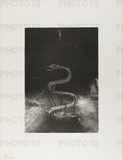 And Bound Him a Thousand Years, plate 8 of 12, 1899, Odilon Redon, French, 1840-1916, France, Lithograph in black on cream China paper laid down on ivory wove paper, 300 × 212 mm (image/chine), 451 × 346 mm (sheet)