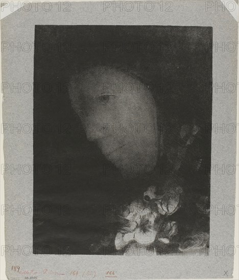 Head of Woman With Corsage of Flowers, 1900, Odilon Redon, French, 1840-1916, France, Lithograph in black on gray chine, 257 × 197 mm (image), 311 × 255 mm (sheet, irregular)