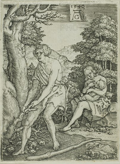 Adam and Eve at Work, from The Story of Adam and Eve, 1540, Heinrich Aldegrever, German, 1502-c. 1560, Germany, Engraving in black on ivory laid paper, 87 x 65 mm (image/plate/sheet)