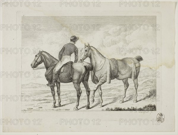 Riding School and Horses, 1806, Johann Adolph Darnstedt, German, 1769-1844, Germany, Etching on ivory wove paper, 134 × 188 mm (image), 154 × 202 mm (plate), 182 × 240 mm (sheet)