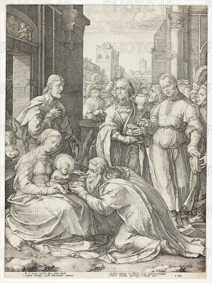 The Adoration of the Magi, plate five from The Birth and Early Life of Christ, c. 1593, Hendrick Goltzius (Dutch, 1558-1617), text written by Franco Estius, Netherlands, Engraving on paper, 465 x 352 mm (image), 478 x 356 mm (plate/sheet)