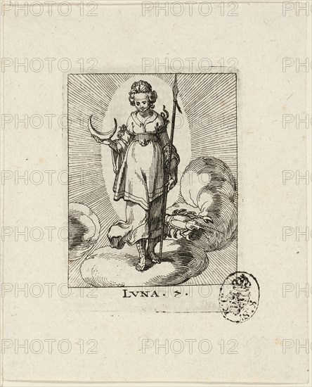 Luna, plate seven from Der VII Planeten, n.d., Conrad Meyer, Swiss, 1618-1689, Switzerland, Etching in black on ivory laid paper, 69 x 49 mm (sheet)