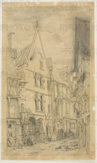 Rue des Toiles, Bourges, 1853, Charles Meryon, French, 1821-1868, France, Graphite on tan wove chine, laid down on ivory laid paper, 210 × 130 mm
