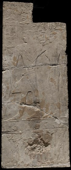 Fragment of a Tomb Wall Depicting Ibdu and his Wife with Offering Bearers, Old Kingdom, Dynasty 6 (about 2345–2181 BC), Egyptian, Saqqara, Tomb of Ibdu, Egypt, Limestone, 120.7 × 50.2 × 7.6 cm (47 1/2 × 19 3/4 × 3 in.)