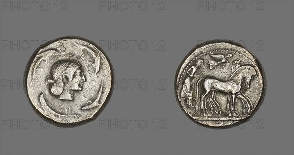 Tetradrachm (Coin) Depicting Quadriga with Bearded Charioteer, 485/478 BC, Greek, minted in Syracuse, Sicily, Ancient Greece, Silver, Diam. 2.4 cm, 16.34 g