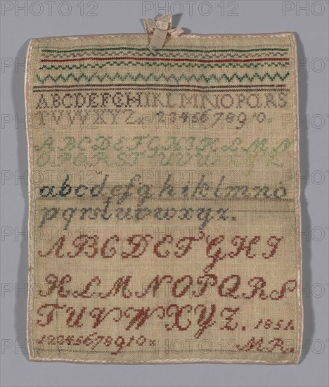 Sampler, 1851, Germany, Linen, plain weave, embroidered with silk, 26.7 x 30.5 cm (10 1/2 x 12 1/2 in.)