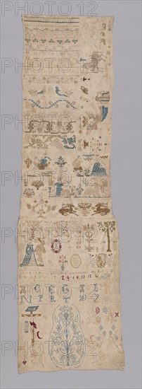 Sampler, 1719, Germany, Linen, plain weave, embroidered with linen and silk, 127 x 38 cm (50 x 15 in.)