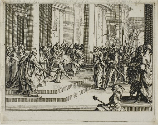 Jesus and the Adulterous Woman, from The New Testament, 1635, Jacques Callot (French, 1592-1635), published by Israël Henriet (French, 1590-1661), France, Etching on paper, 68 × 86 mm (plate), 72 × 90 mm (sheet)
