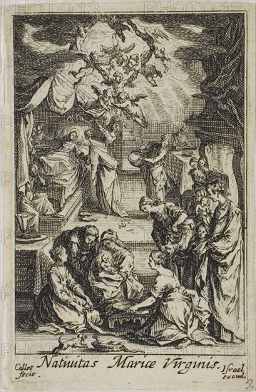The Birth of the Virgin Mary, from The Life of the Virgin, n.d., Jacques Callot, French, 1592-1635, France, Etching on paper, 64 × 44 mm (image), 71 × 45 mm (plate), 73 × 47 mm (sheet)