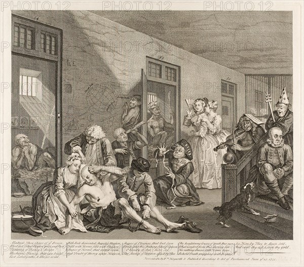 Plate Eight, from A Rake’s Progress, June 1735, William Hogarth, English, 1697-1764, England, Etching and engraving in black on ivory laid paper, 315 × 387 mm (image), 355 × 410 mm (plate), 481 × 599 mm (sheet)
