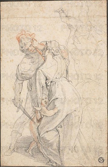 Figures from a Massacre of the Innocents, n.d., Andrea Boscoli, Italian, c. 1560-1608, Italy, Black and red chalk on cream laid paper, laid down on cream wove card, 282 x 186 mm