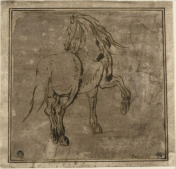 Horse, Seen Three-Quarters From the Rear, 1615/17, Jacques Callot, French, 1592-1635, France, Pen and brown ink, with brush and brown wash, on buff laid paper, laid down on buff laid paper, 200 × 208 mm
