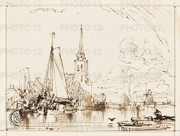 On the Thames, n.d., William Leighton Leitch, Scottish, 1804-1883, Scotland, Pen and brown ink on ivory wove paper, laid down on board, 69 x 91 mm
