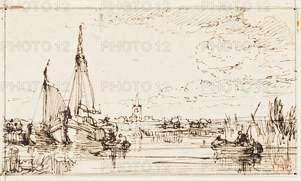 On the Thames, n.d., William Leighton Leitch, Scottish, 1804-1883, Scotland, Pen and brown ink on ivory wove paper, laid down on board, 51 x 90 mm